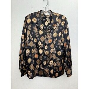 Vintage Tess Women's Paisley Black & Brown Silky Button Down Blouse Size 14